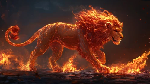 Fiery elemental lion strides through blazing embers at night.