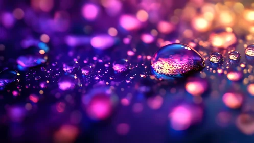 Chromatic macro refraction across iridescent water droplets.