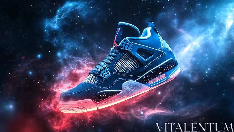 Single athletic sneaker isolated against cosmic nebula background.