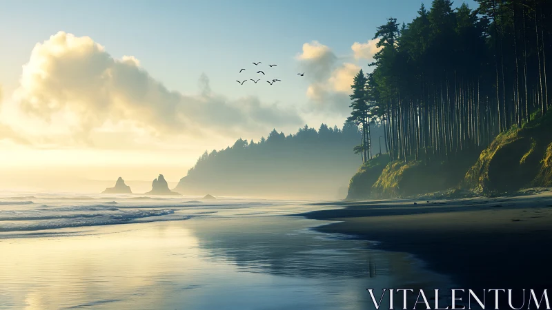 Misty forest coastline at sunrise with calm reflective surf.
