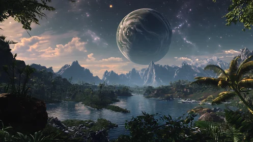 Ancient columned ruins stand under dense, luminous sky field