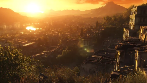 Sunlit mountain cityscape observed from elevated hillside