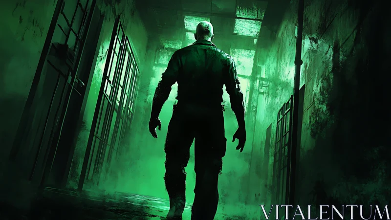 Bald figure walks down decayed green lit prison corridor