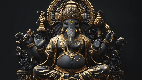 Black and gold Lord Ganesha idol in ornate seated pose.