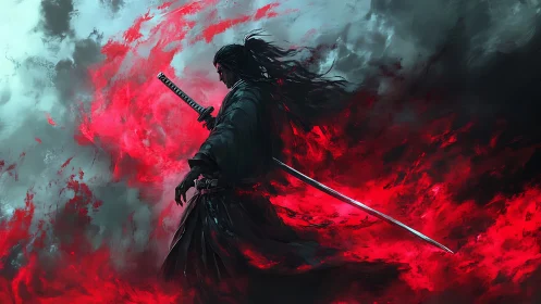 Lone samurai strides through crimson storm of swirling fire
