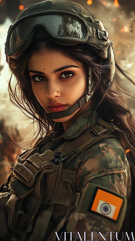 Steady gaze of a determined Indian woman soldier in battle