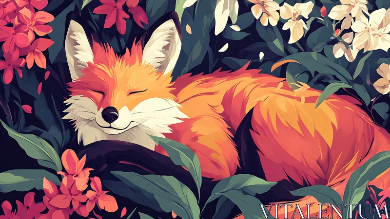 Cozy fox napping softly in a bright flower-filled garden.