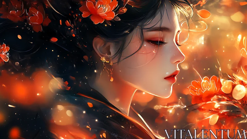 Digital painting profile portrait with fiery floral bokeh glow.