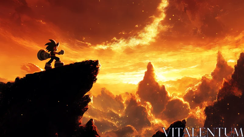 Silhouetted hero on ember-lit cliff above blazing clouds.