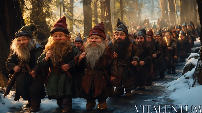Dwarven figures move in organized formation through winter forest
