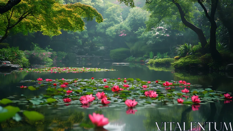 Serene garden pond with pink water lilies under lush trees.