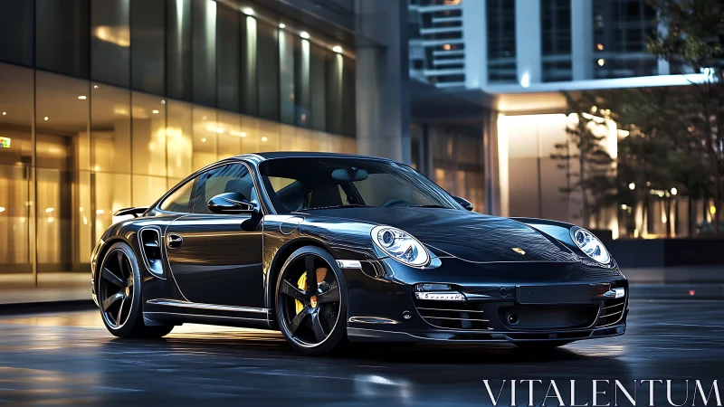 Sleek black sports car glowing softly in the city night.