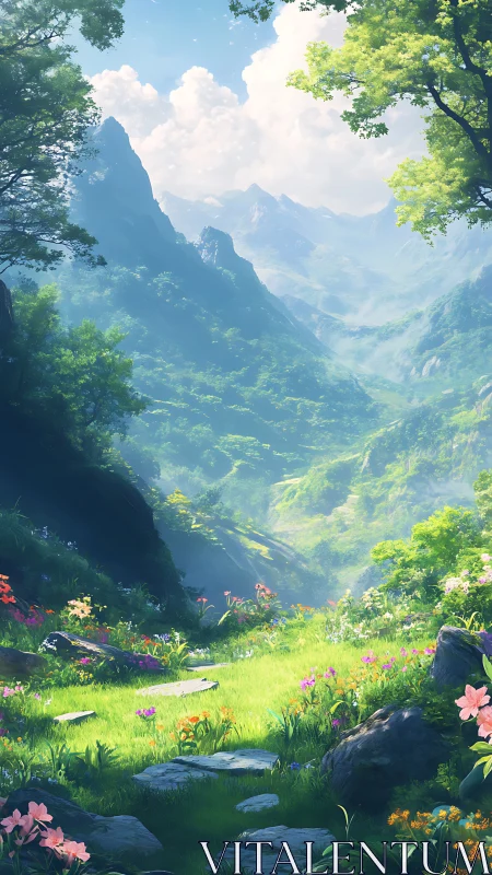 Sunlit valley meadow dreaming beneath watchful green peaks.