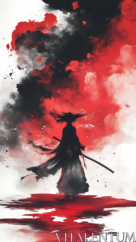 Lone samurai silhouette wrapped in bold red ink clouds.
