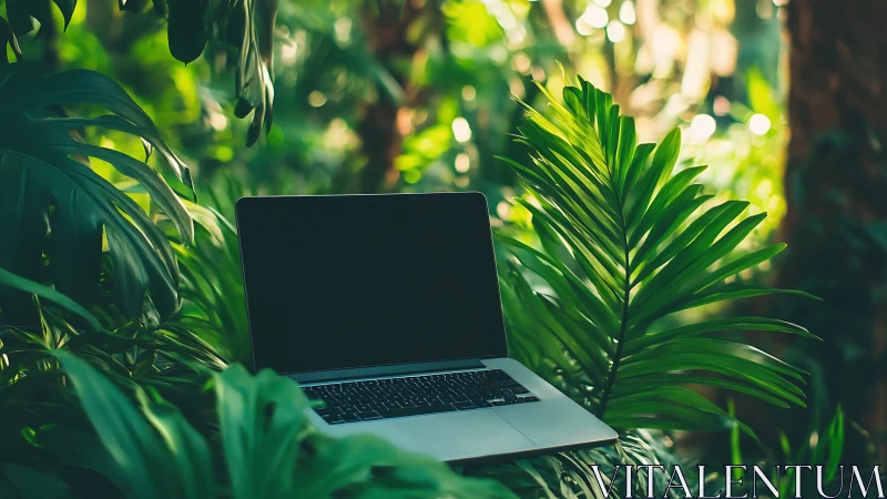 Laptop with blank screen resting amid dense green foliage.