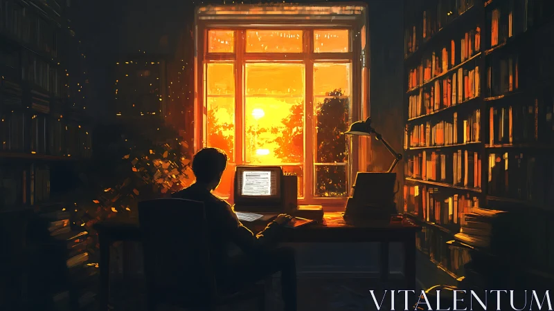 Writer at desk in warm sunset lit home library interior.