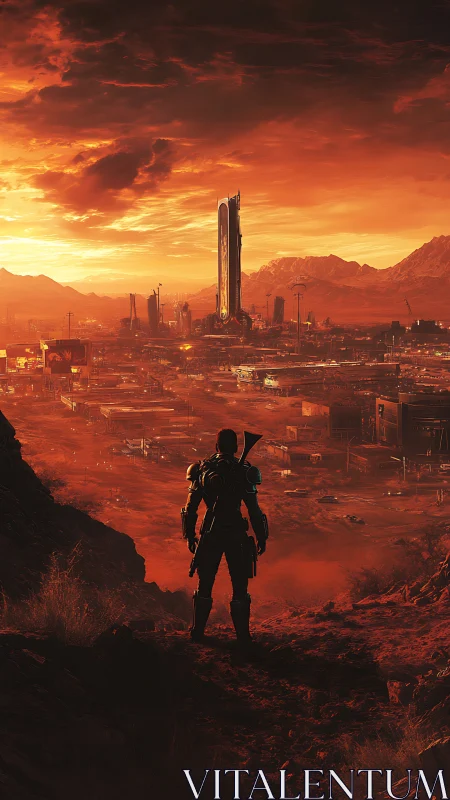 Lone traveler gazes toward a glowing sci fi desert cityscape.