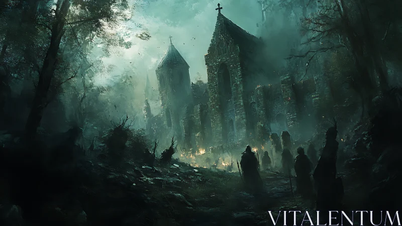 Ruined stone church in dense forest with torchlit figures.