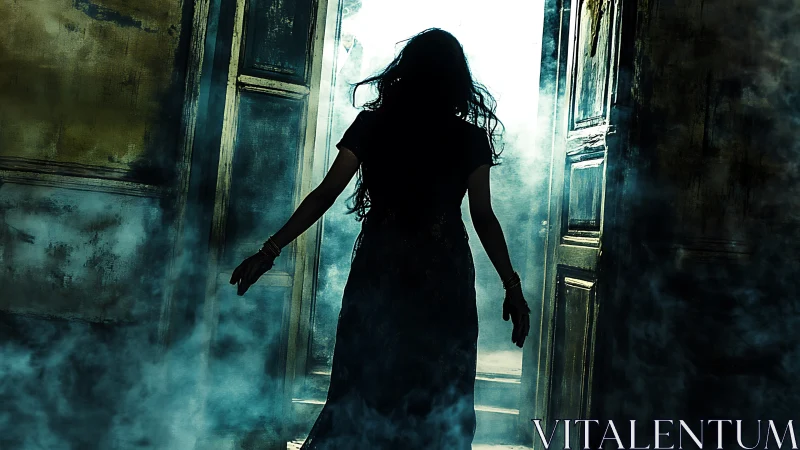 Silhouetted figure stepping through a smoky doorway scene.