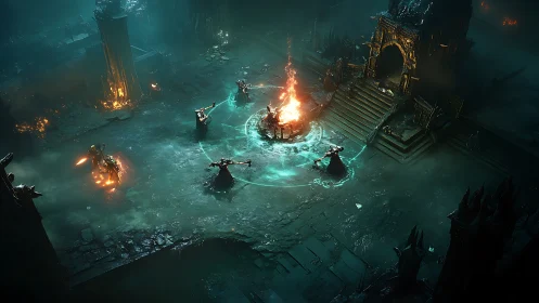 Dark ritual unfolds in ruined cathedral under cold cyan light