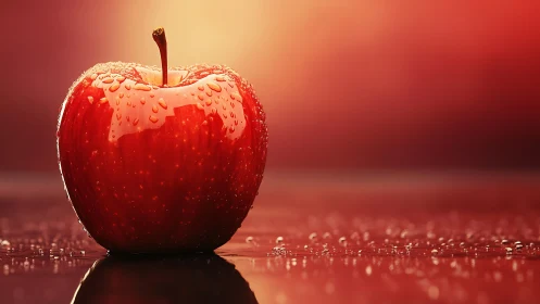 Macro-illuminated wet red apple under controlled studio lighting.