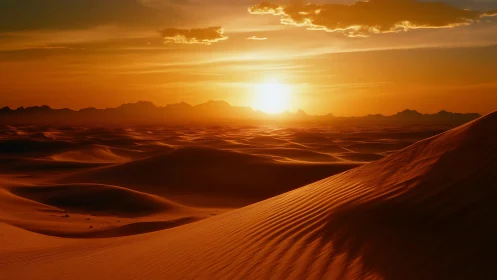 Low-sun desert dune panorama with backlit ridgeline silhouettes.
