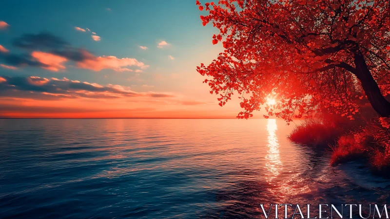 Crimson shoreline tree drinks the last electric ocean sunset