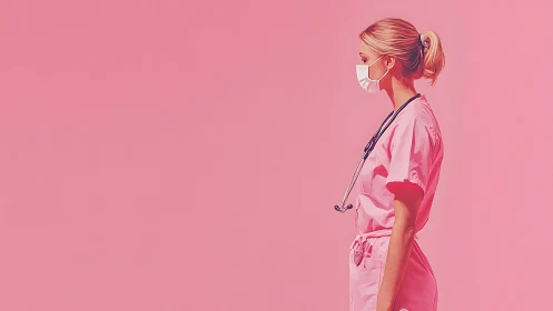 Female nurse in pink scrubs with mask, modern minimalist style.