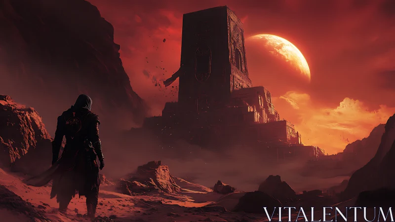 Hooded wanderer before blood-red monolith at eclipsed dusk.