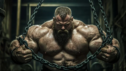 Hyper-muscular bearded strongman straining industrial chains.