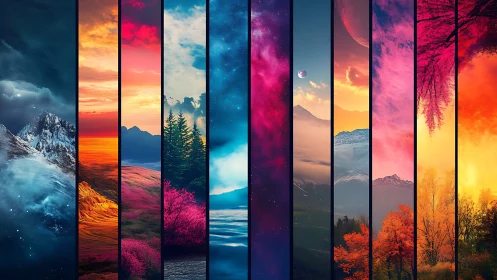 Multi-panel spectral landscape montage with cosmic sky gradients