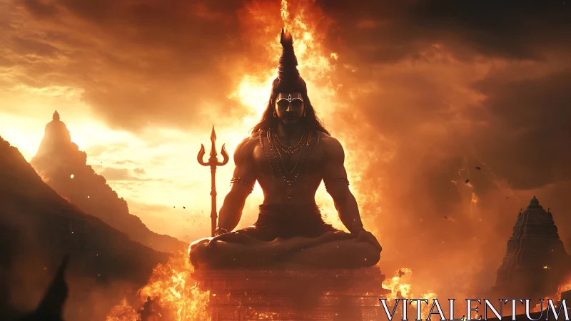 Fiery meditative deity dominates blazing twilight sky.