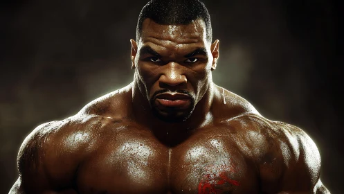 Intense muscular fighter portrait under dramatic lighting.