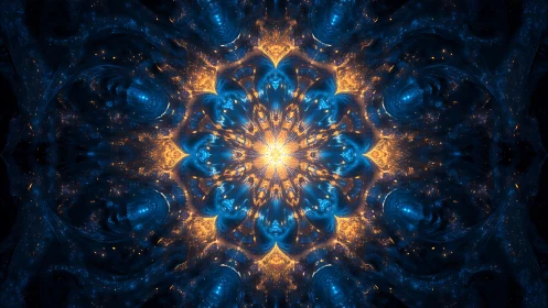 Stellar mandala blooms in electric blue and molten gold light.