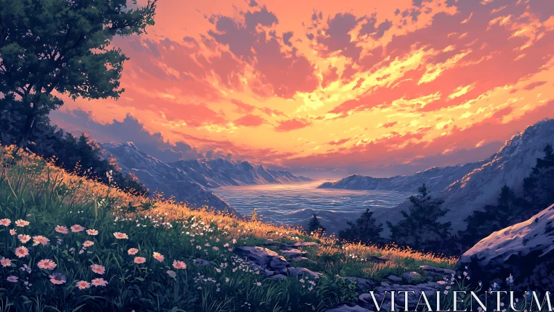 Sunlit alpine meadow over mountain lake at incandescent sunset