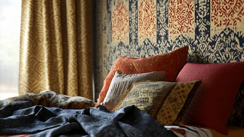 Patterned textiles on bed with cushions and draped fabric.