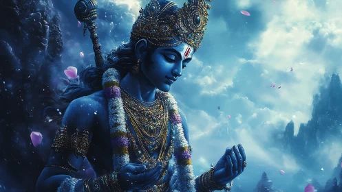 Digital painting of blue deity in ethereal celestial mist.