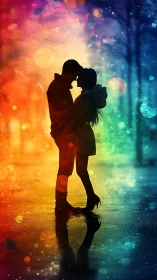 Silhouetted couple embracing against chromatic light gradient backdrop