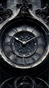 Monochrome baroque tower clock with ornate Roman numeral dial