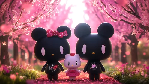 Cartoon bear couple with cat in pink blossom alley.