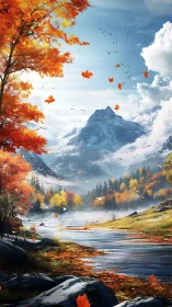 Golden autumn river beneath misty snowcapped peaks.