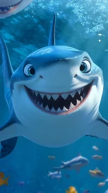 Smiling stylized shark rendered with high-gloss 3D subsurface shading