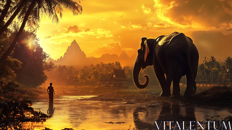 Sunlit elephant and monk crossing golden tropical river.