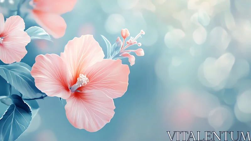 Digital illustration shows pink hibiscus flowers on blue bokeh