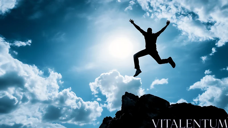 Silhouette leaps from rocky peak into radiant open sky.