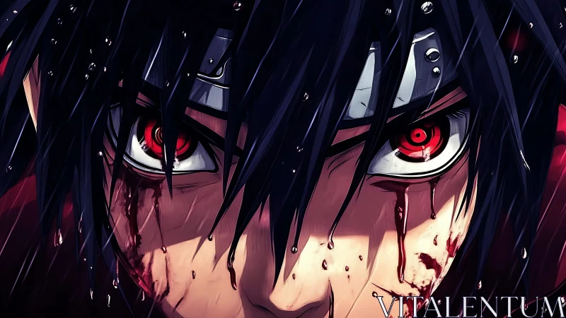 Blood-soaked anime warrior stares ahead with burning resolve.