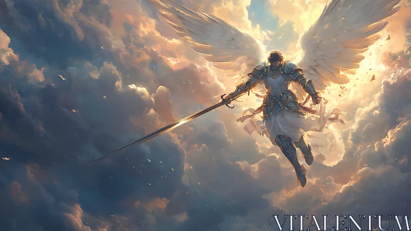 Armored winged figure with sword suspended among clouds.