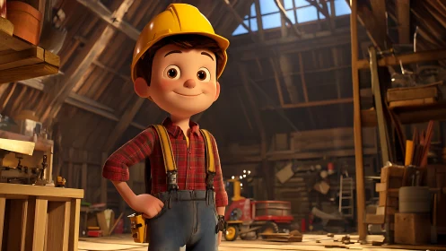 Animated child builder in workshop wearing yellow hardhat.
