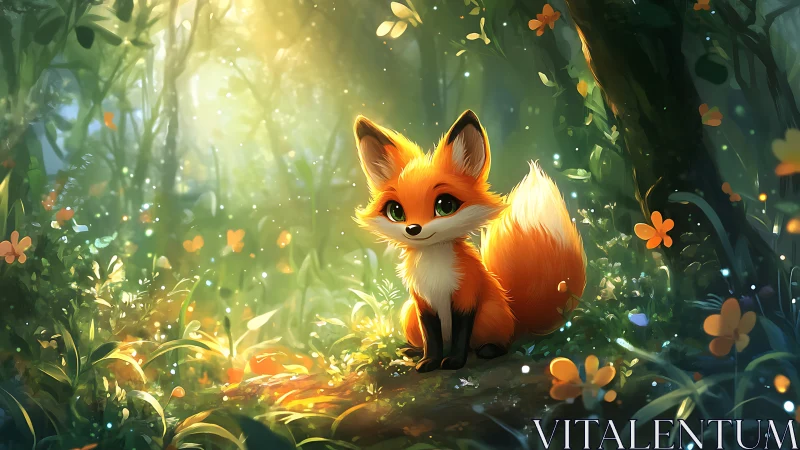 Bright-eyed fox cub glows in a sunlit enchanted forest