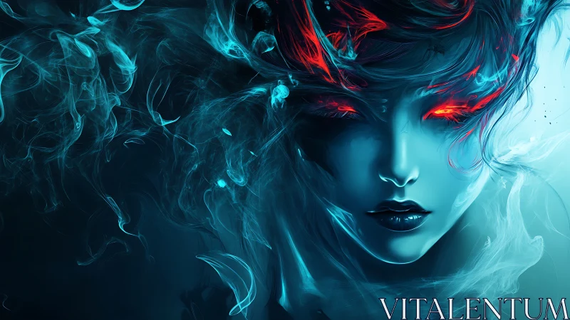 Sultry cyan apparition with blazing neon ember eyes.